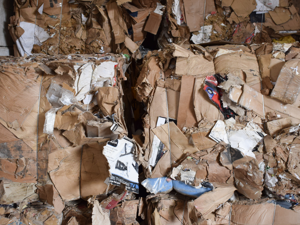 Image of cardboard which is baled awaiting recycling at Nolan Recycling